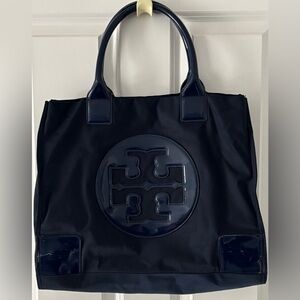TORY BURCH dark navy blue nylon and patent leather expandable tote!